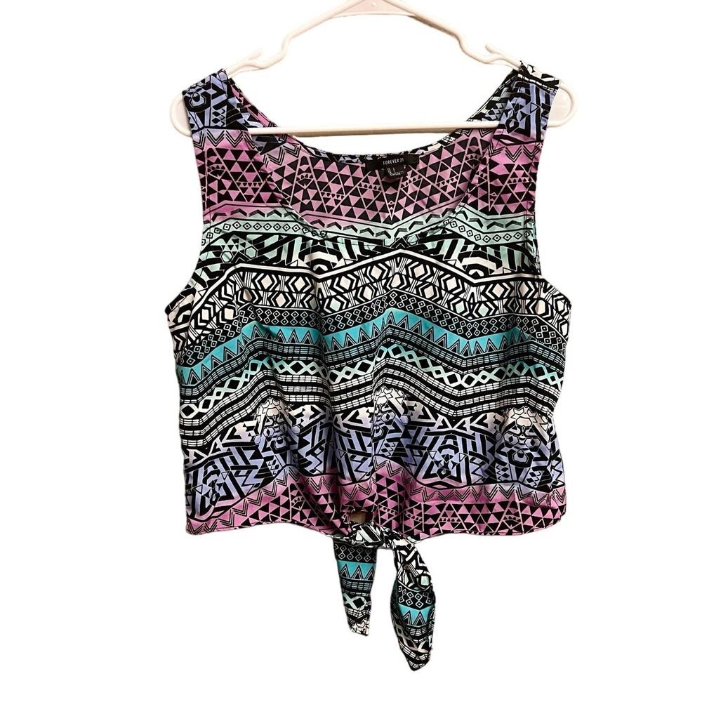 Forever 21 Lightweight Pink Blue Gradient Aztec Front Tie Crop Top Size Large